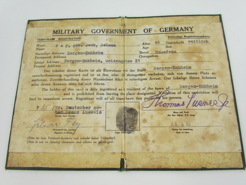Military Government of Germany Temporary Registration 1945