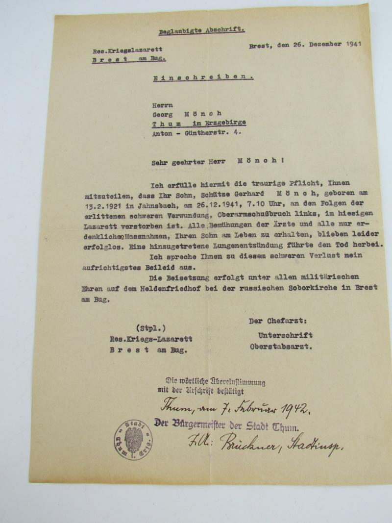 Death Notice To Father Of German Soldier