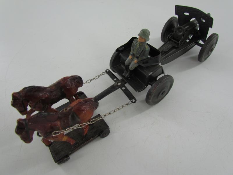 Pre War German Composition 2 Horse Drawn Carriage With CannonToy