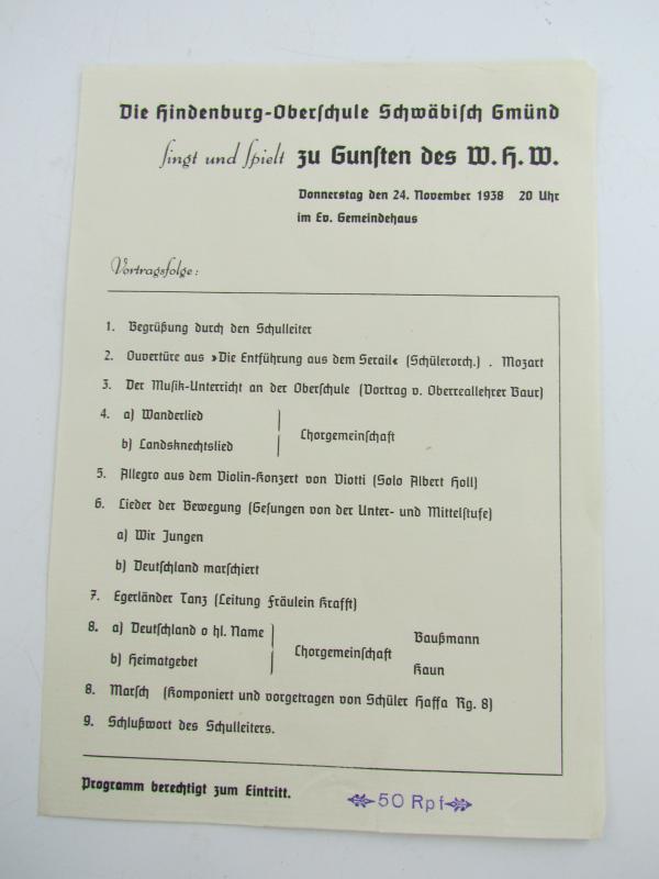 Program For a Performance in a School for the Benefit of the WHW ( Winterhilfswerk )