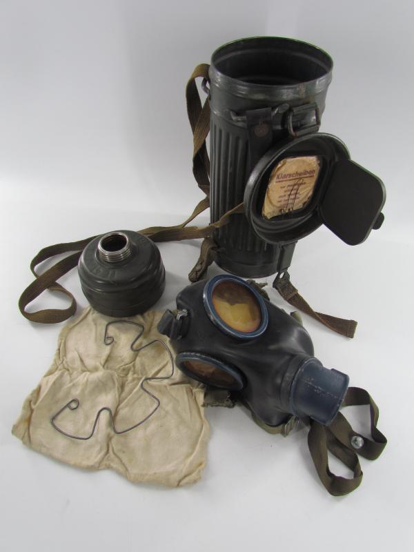 WH/SS Late War Gasmask Cannister With Straps And Contents Marked 1943