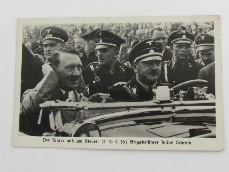 Postcard : Adolf Hitler in Car with Julius Schreck