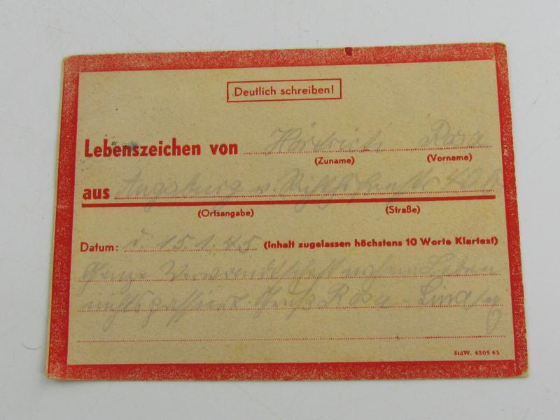 Sign of Life Card from Augsburg, Dated 1945