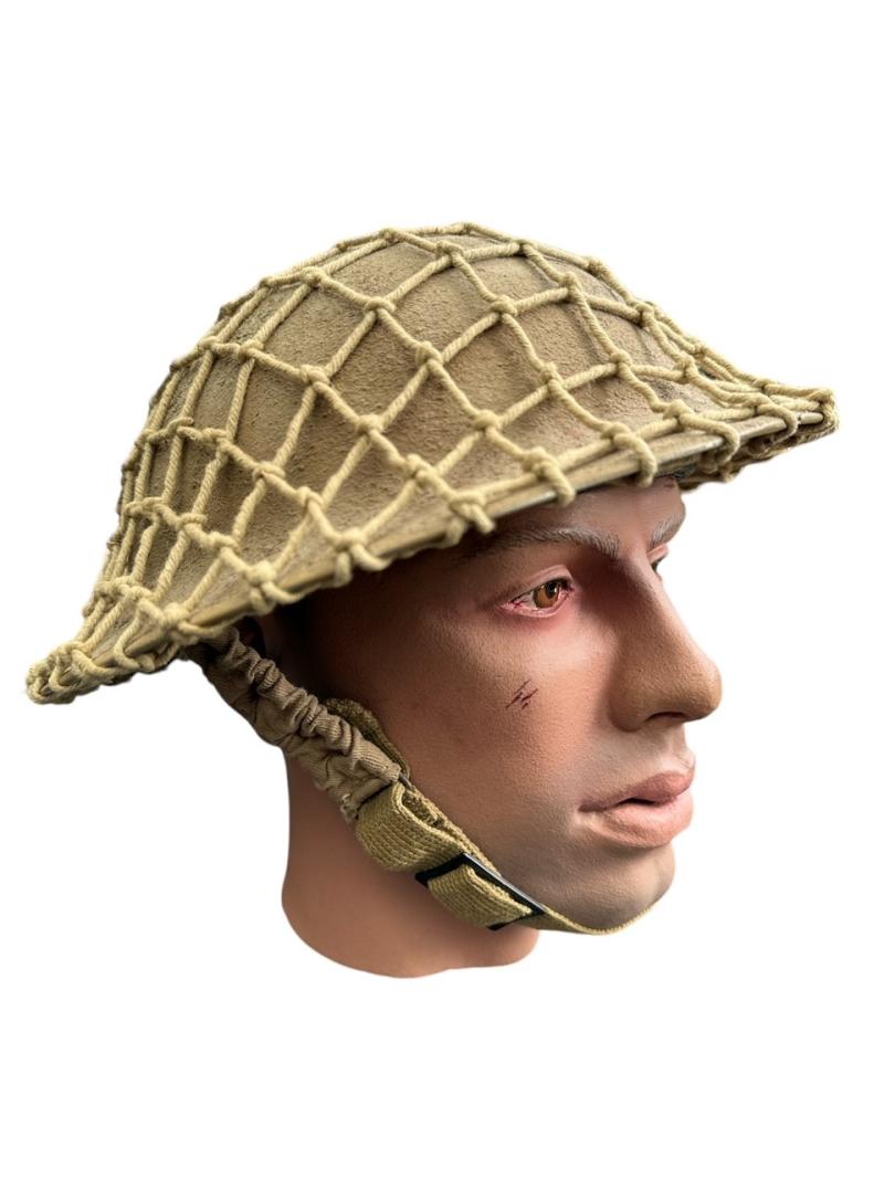 British WWII Khaki Brodie Helmet with camo net