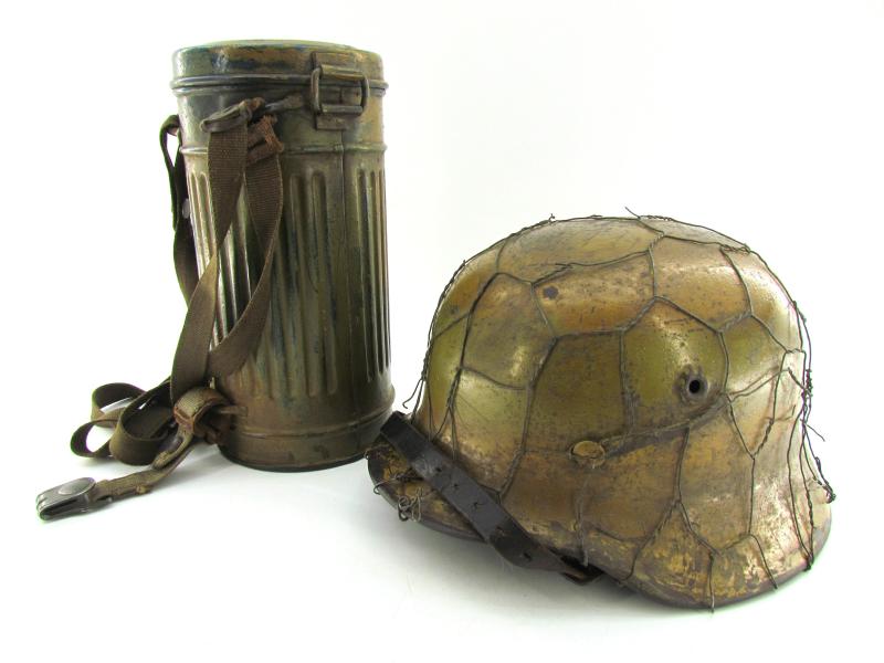 M40 2 tone camo chickenwire helmet with matching gasmask cannister