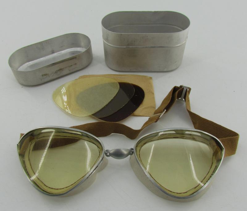 N.Raule Torino 1940's motorcycle goggles, with tin case